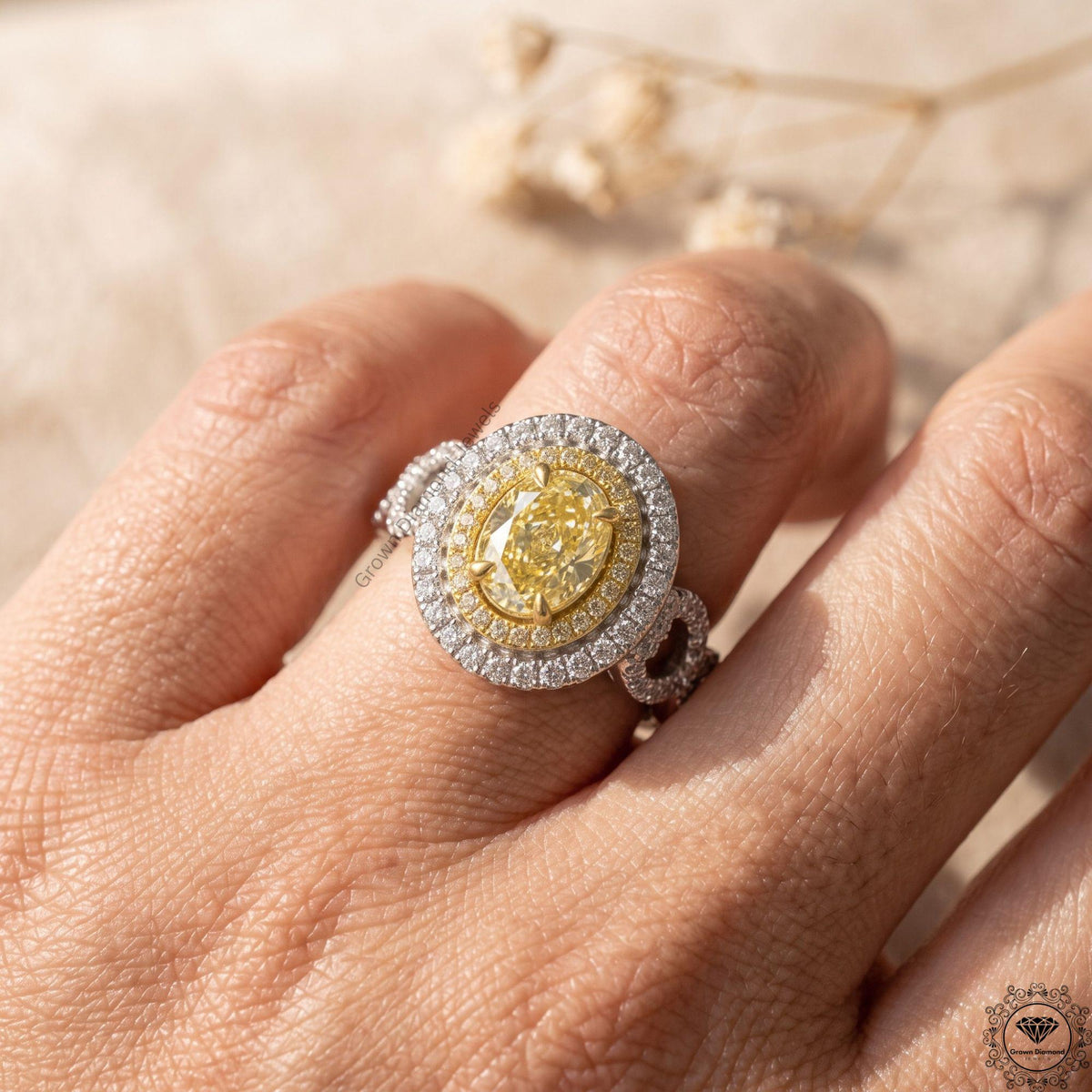 Fancy Intense Yellow Oval Lab Grown Diamond Double Halo Ring