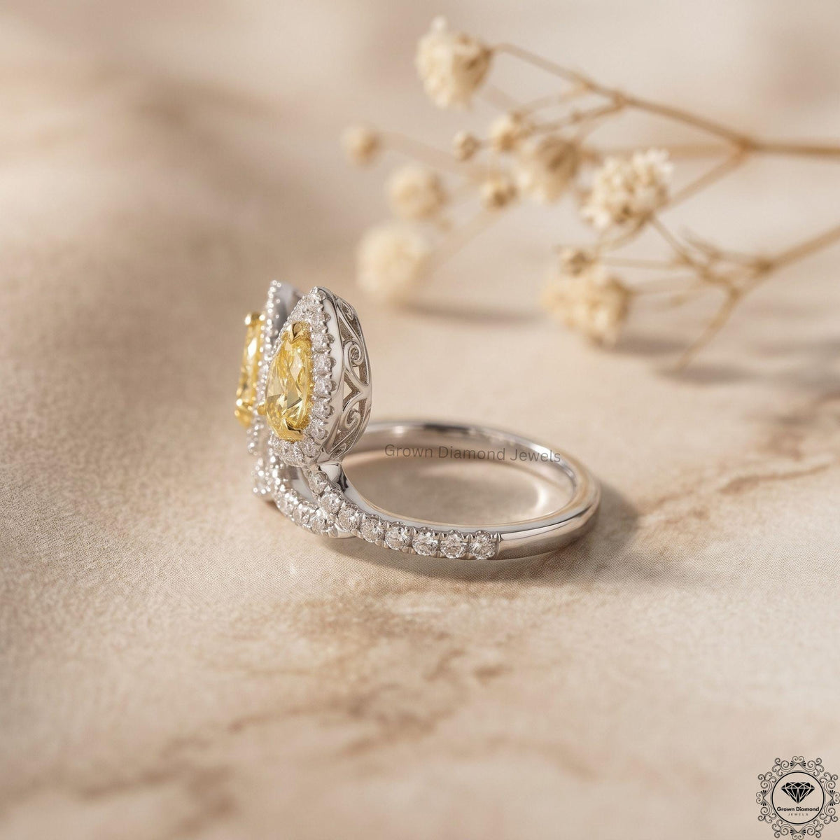 2 Stone Pear Cut Yellow Lab Grown Diamond Engagement Ring
