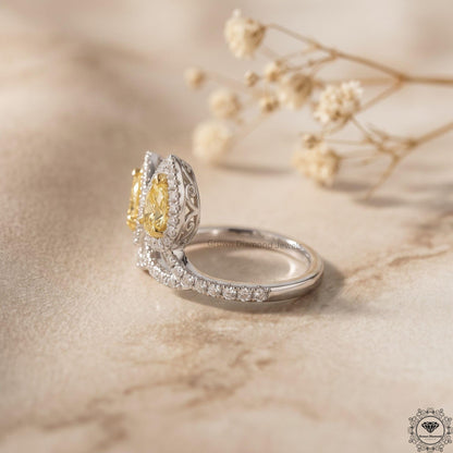 2 Stone Pear Cut Yellow Lab Grown Diamond Engagement Ring