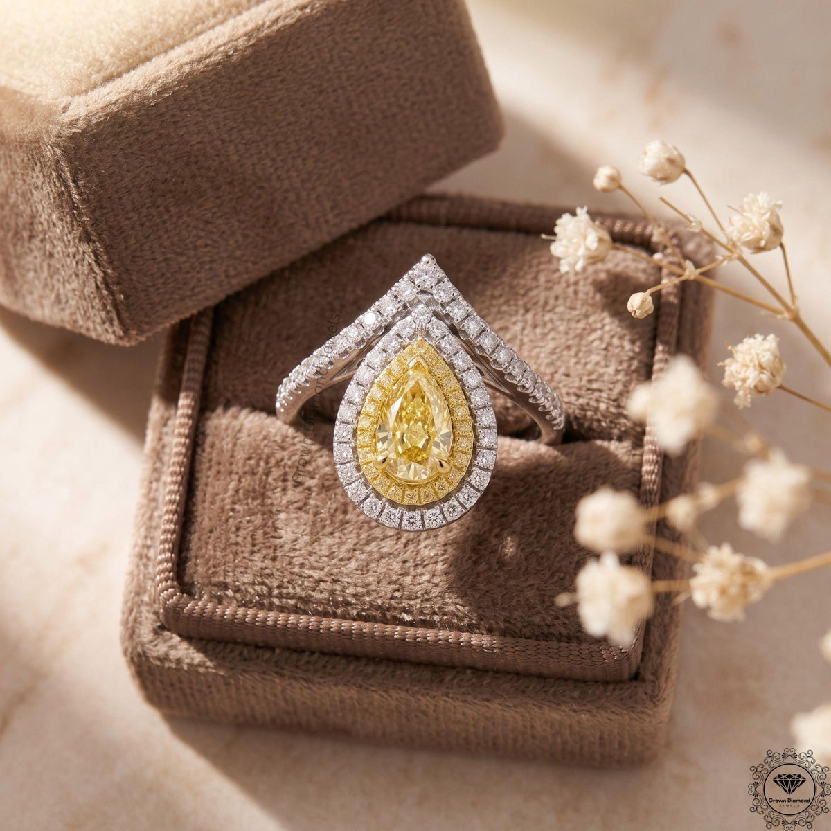 Fancy Intense Yellow Pear Lab Diamond Engagement Ring
