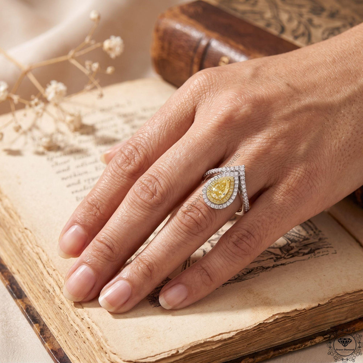 Fancy Intense Yellow Pear Lab Diamond Engagement Ring