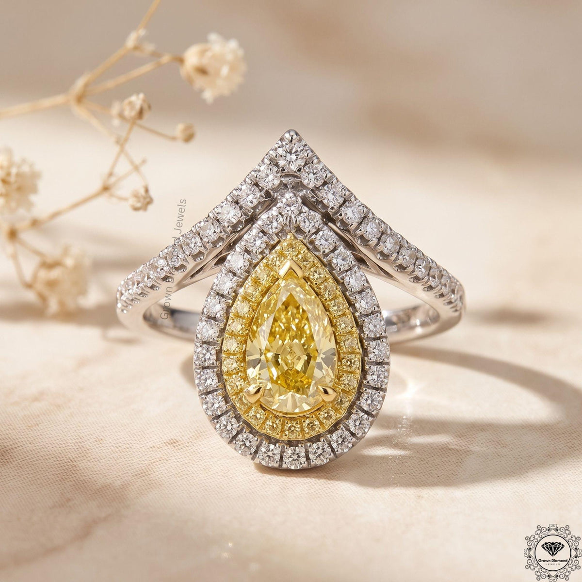 Fancy Intense Yellow Pear Lab Diamond Engagement Ring