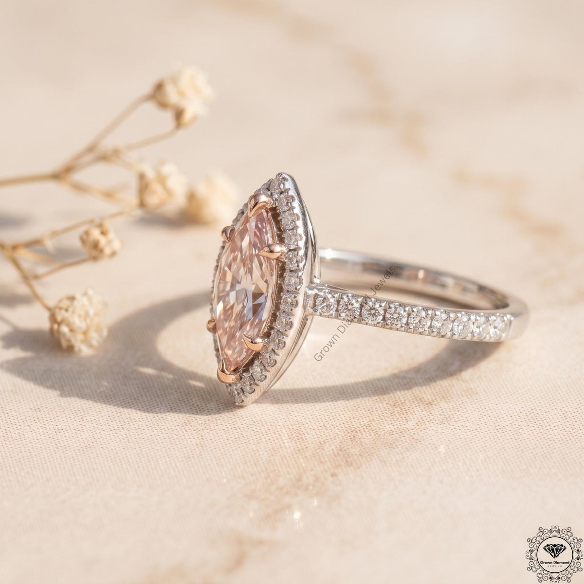 2 Ct Pink Marquise Lab Grown Diamond Halo Engagement Ring