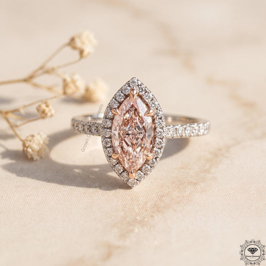2 Ct Pink Marquise Lab Grown Diamond Halo Engagement Ring