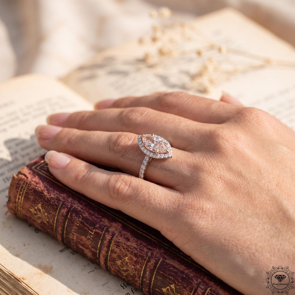 2 Ct Pink Marquise Lab Grown Diamond Halo Engagement Ring