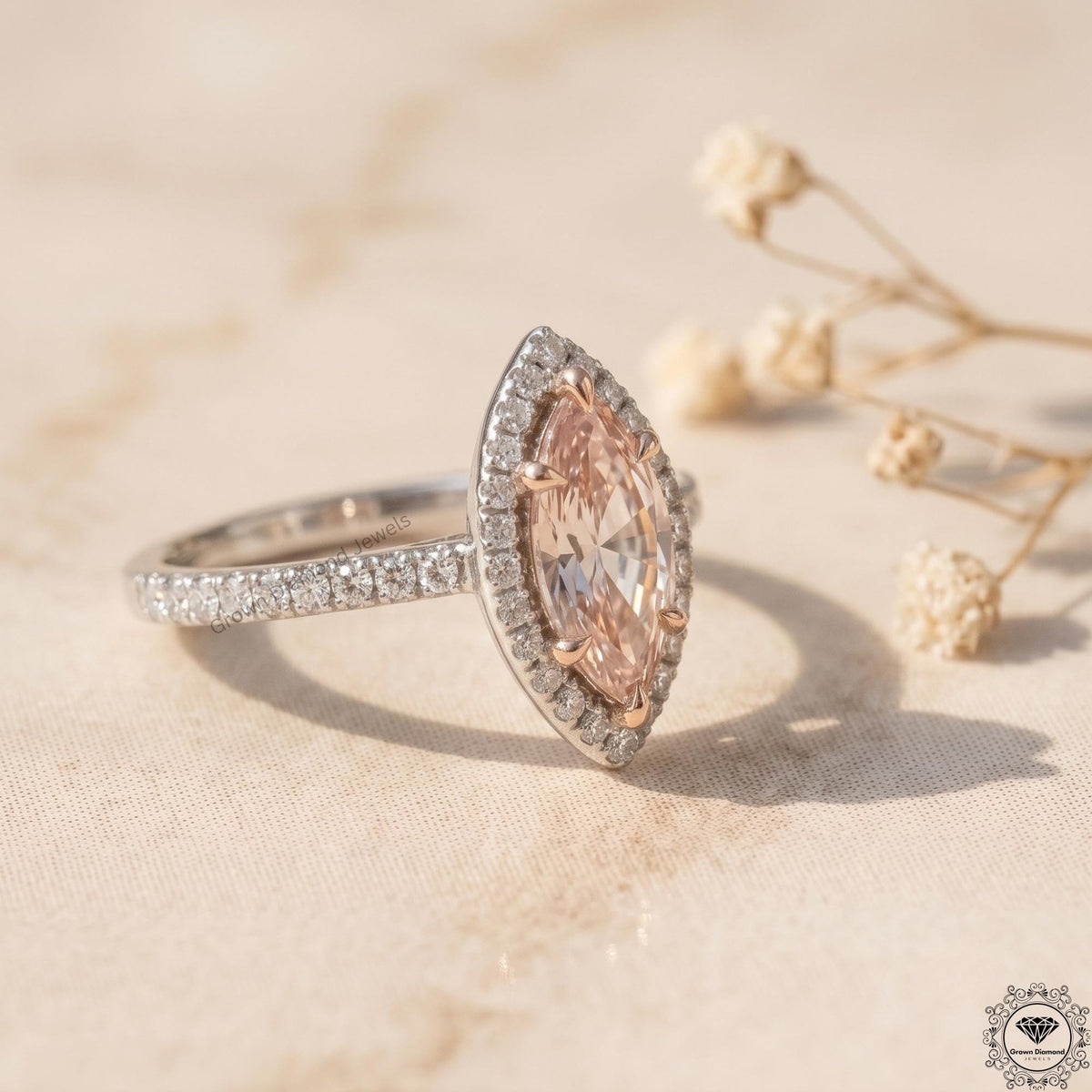2 Ct Pink Marquise Lab Grown Diamond Halo Engagement Ring