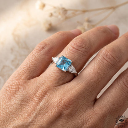 2ct Intense Blue Lab Diamond Asscher Cut Three Stone Ring