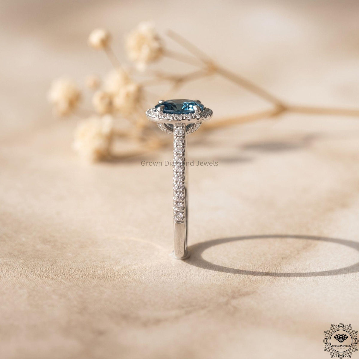 Vivid Blue Oval Lab Grown Diamond Halo Engagement Ring 14k