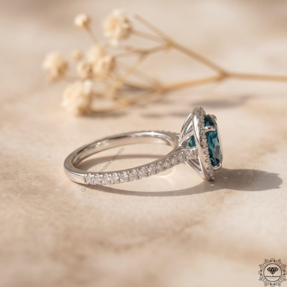 Vivid Blue Oval Lab Grown Diamond Halo Engagement Ring 14k