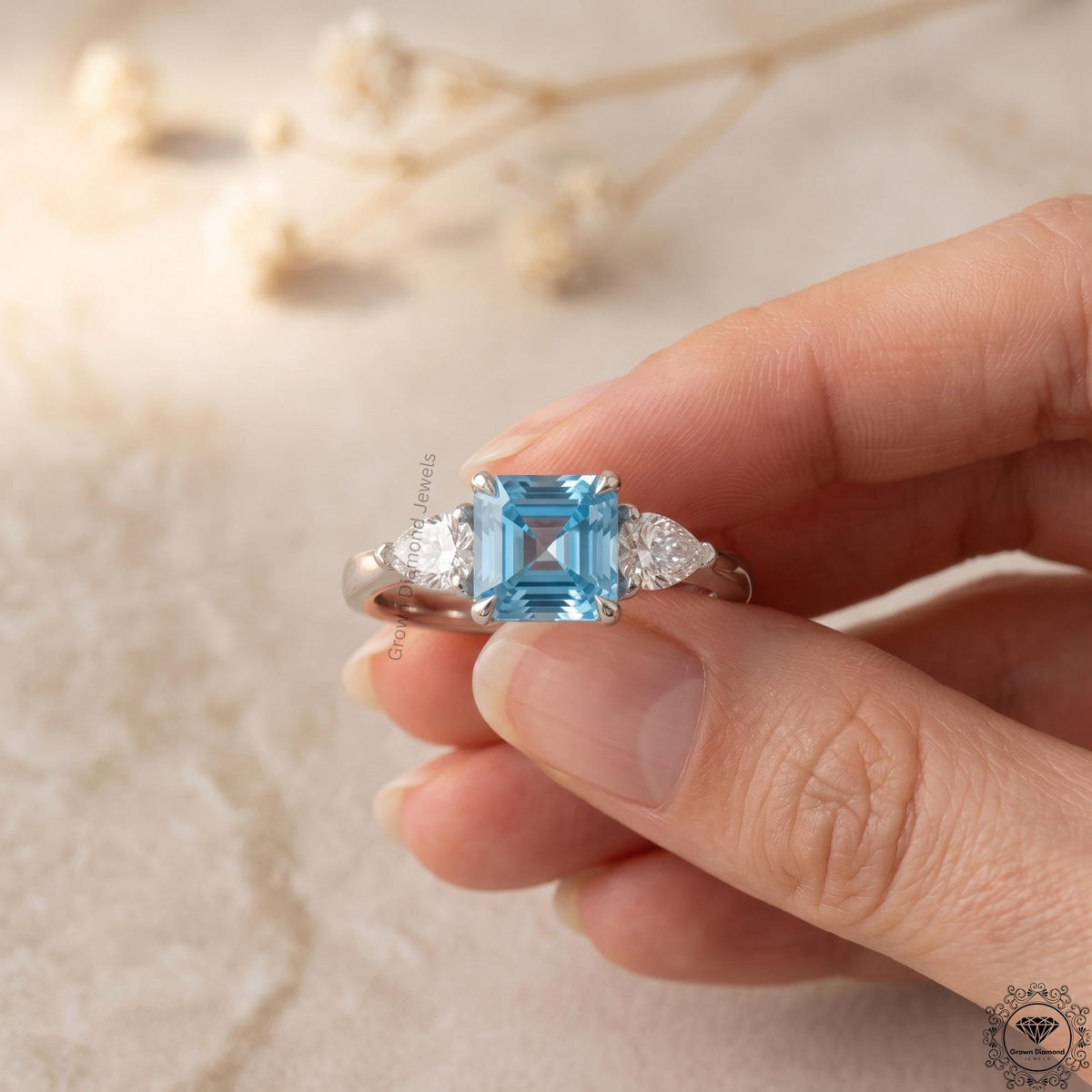 2ct Intense Blue Lab Diamond Asscher Cut Three Stone Ring