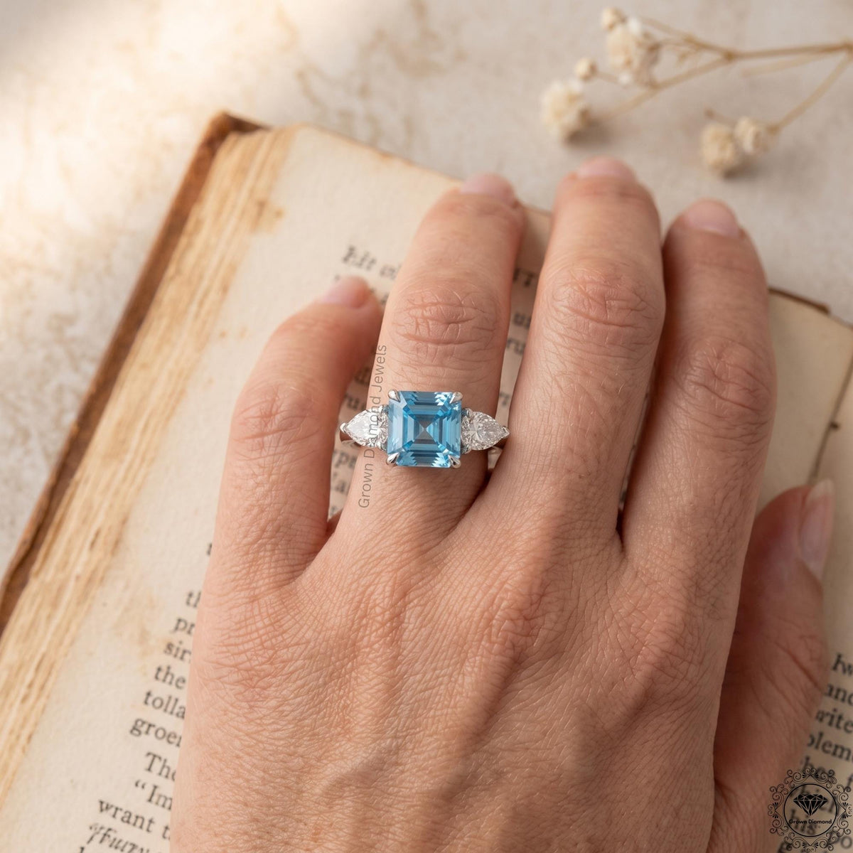 2ct Intense Blue Lab Diamond Asscher Cut Three Stone Ring