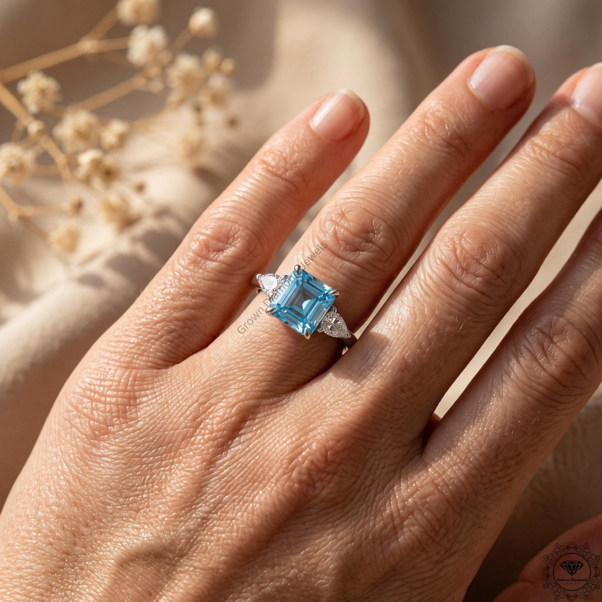 2ct Intense Blue Lab Diamond Asscher Cut Three Stone Ring