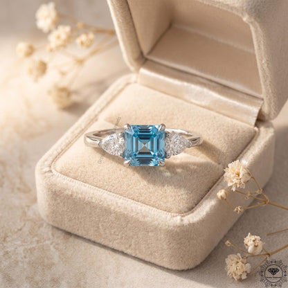 2ct Intense Blue Lab Diamond Asscher Cut Three Stone Ring