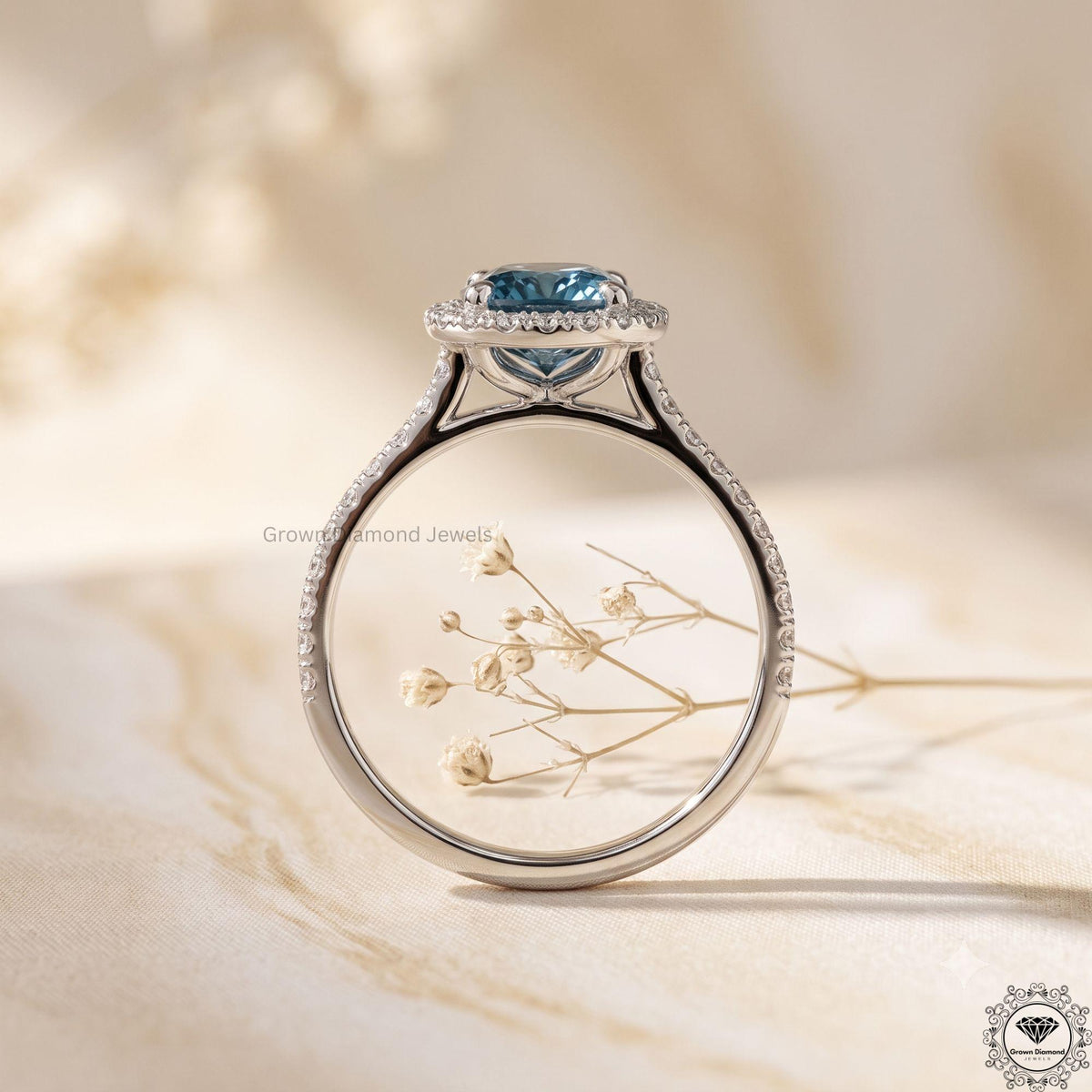 Vivid Blue Oval Lab Grown Diamond Halo Engagement Ring 14k