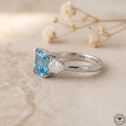 2ct Intense Blue Lab Diamond Asscher Cut Three Stone Ring
