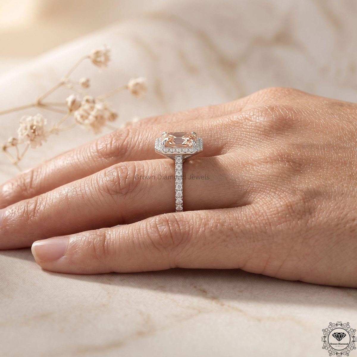 Radiant Cut Pink Lab Grown Diamond Halo Engagement Ring