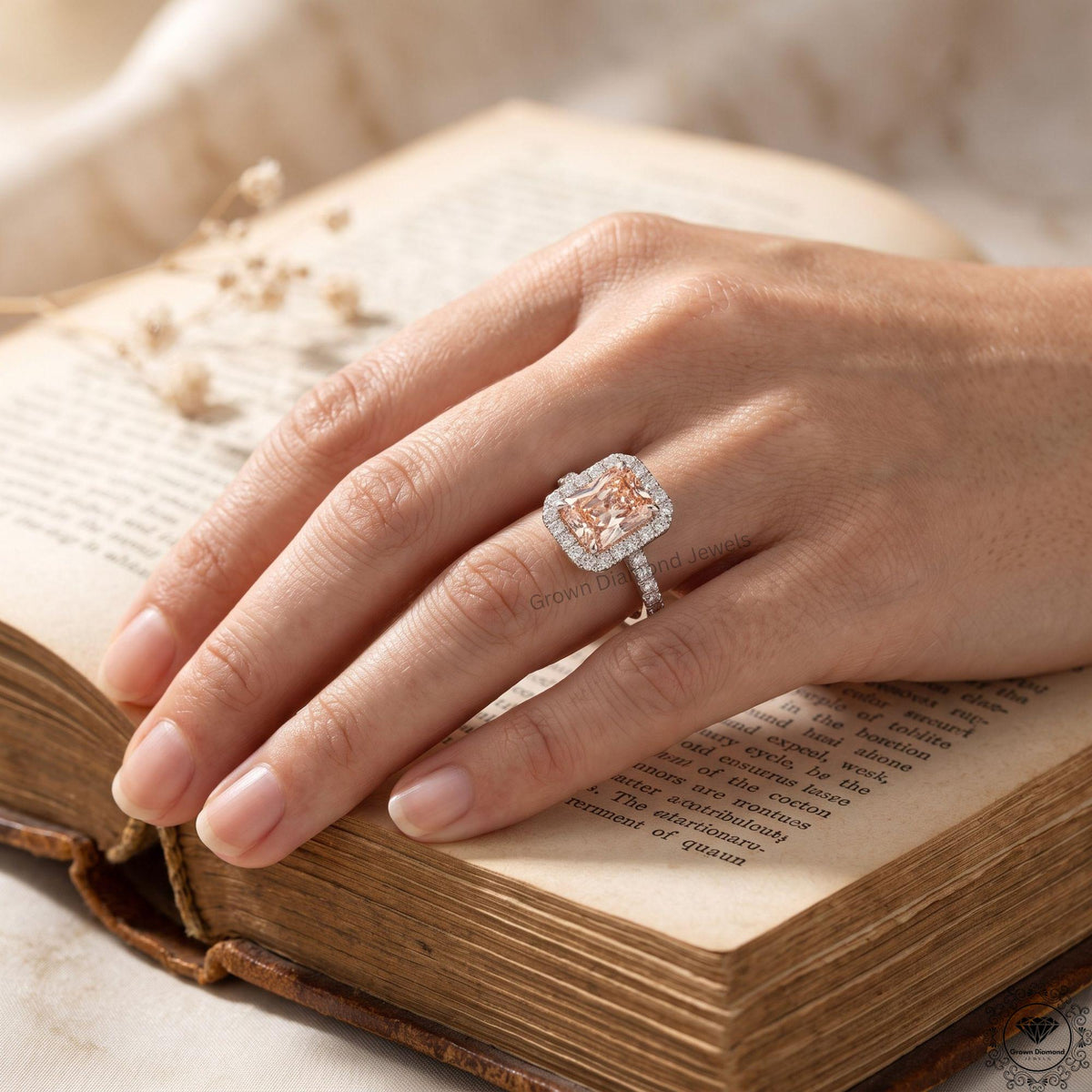 Radiant Cut Pink Lab Grown Diamond Halo Engagement Ring