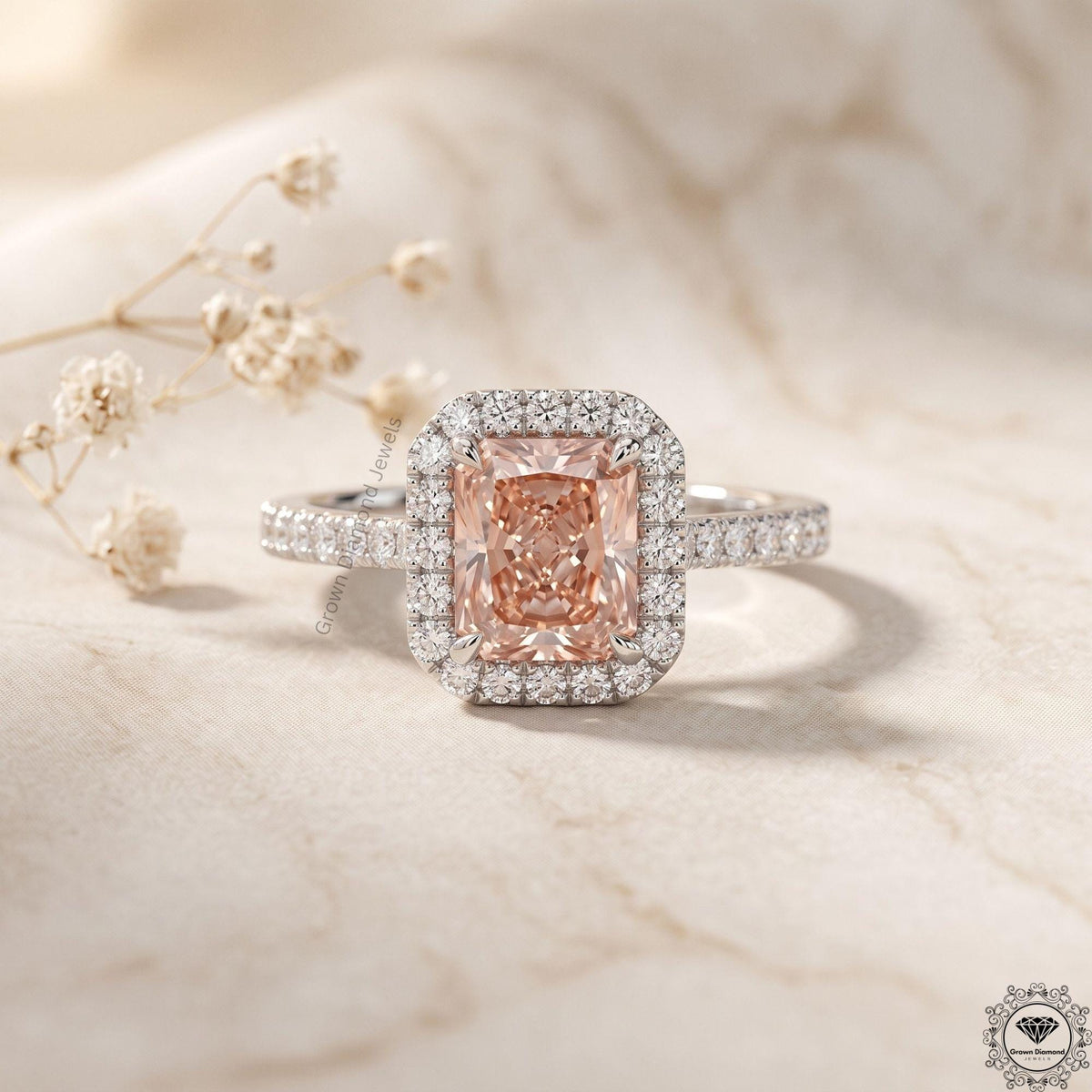 Radiant Cut Pink Lab Grown Diamond Halo Engagement Ring