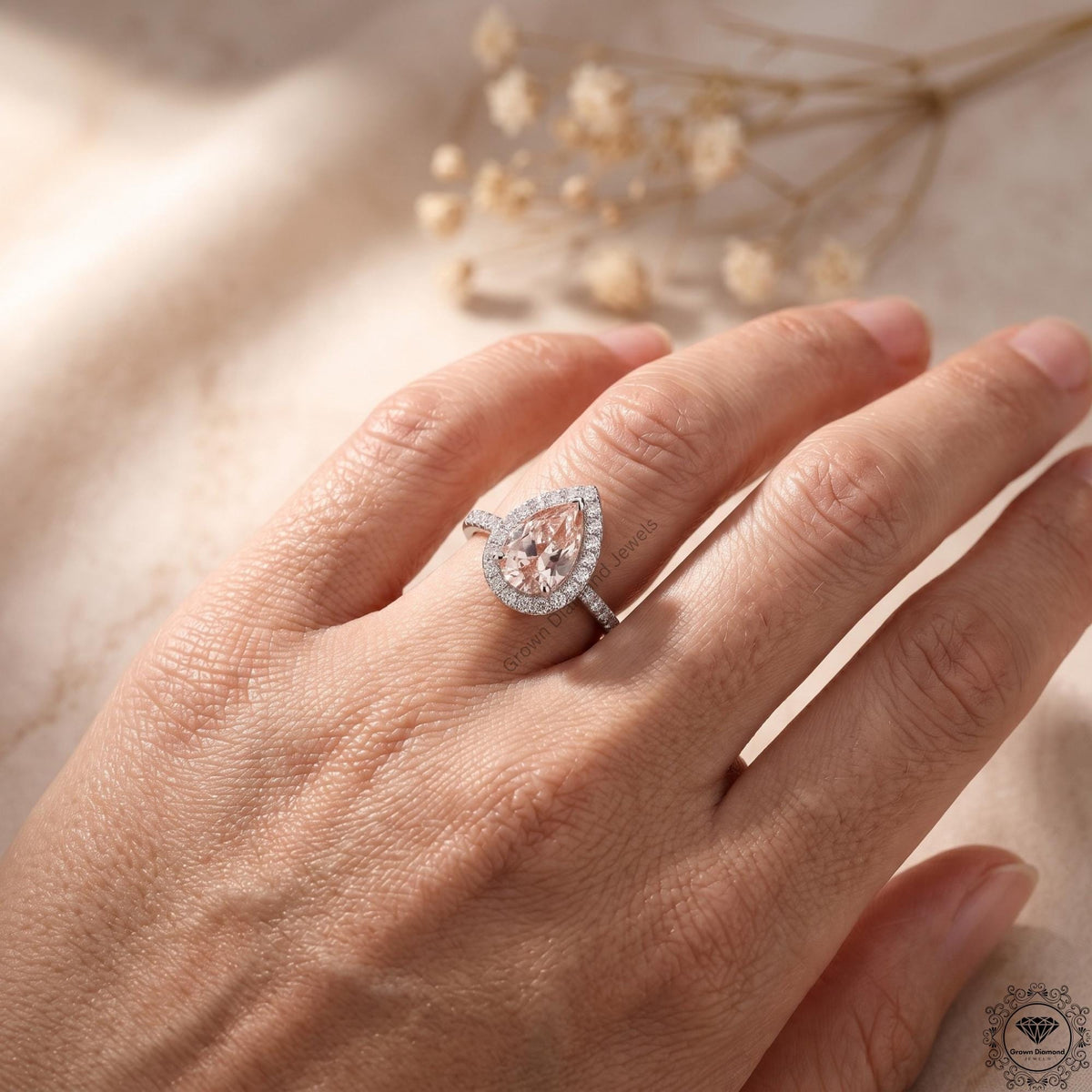 2ct Pink Pear Lab Grown Diamond Halo Engagement Ring