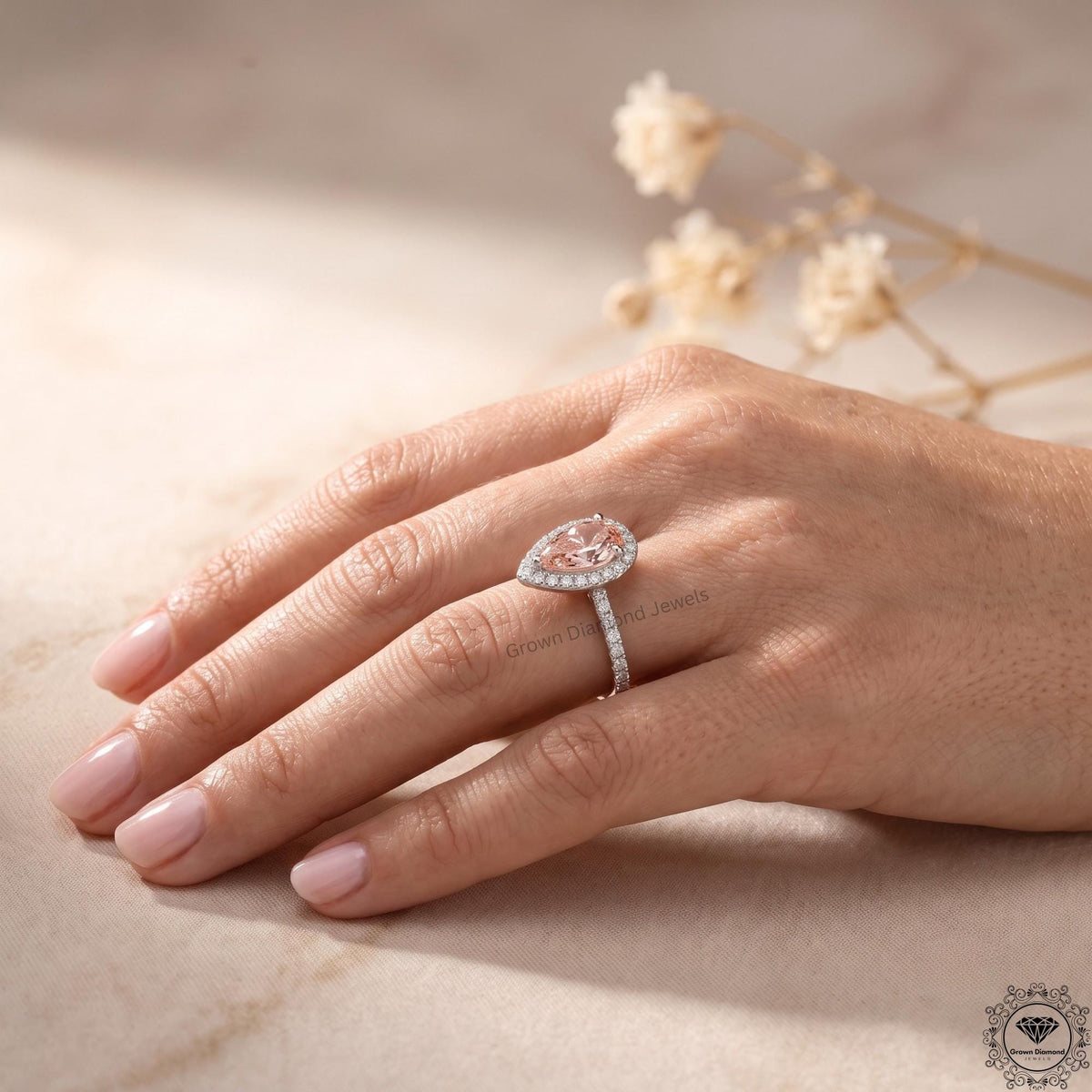 2ct Pink Pear Lab Grown Diamond Halo Engagement Ring