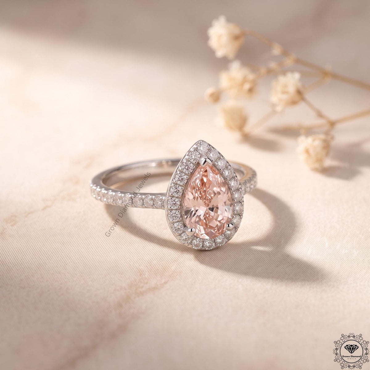 2ct Pink Pear Lab Grown Diamond Halo Engagement Ring