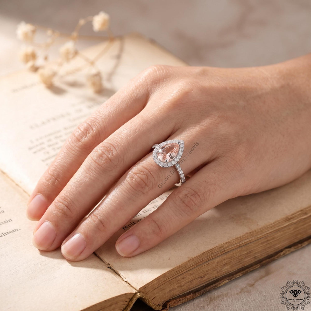 2ct Pink Pear Lab Grown Diamond Halo Engagement Ring