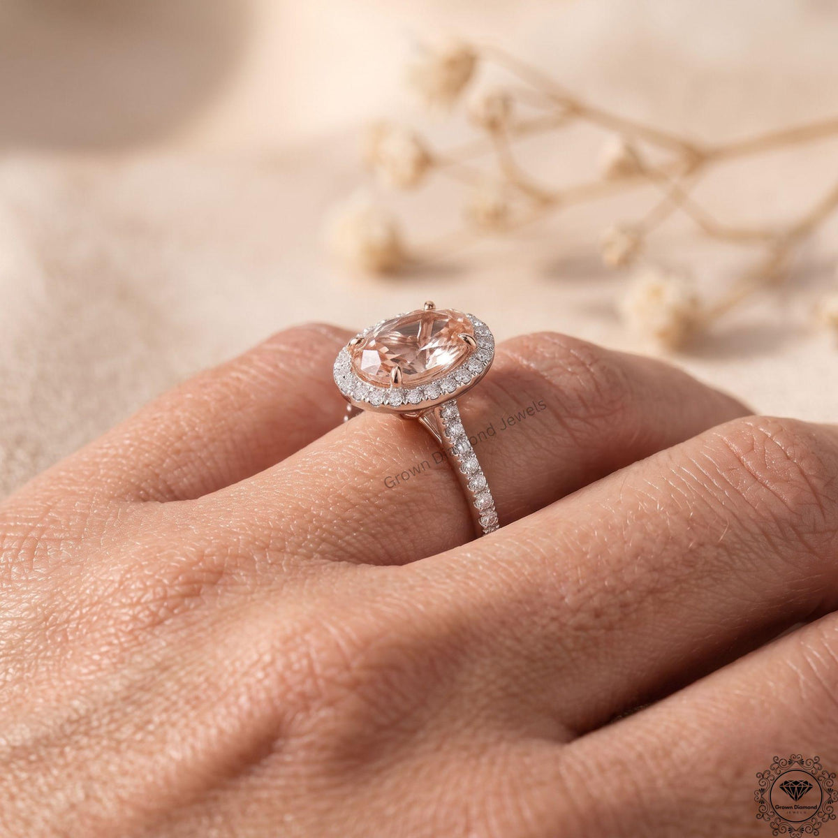 Oval Fancy Pink Lab Grown Diamond Halo Engagement Ring 18k