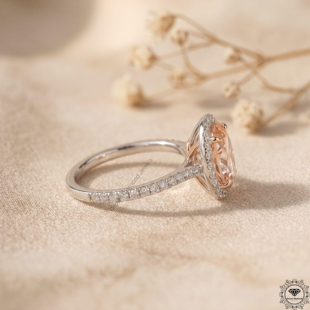 Oval Fancy Pink Lab Grown Diamond Halo Engagement Ring 18k