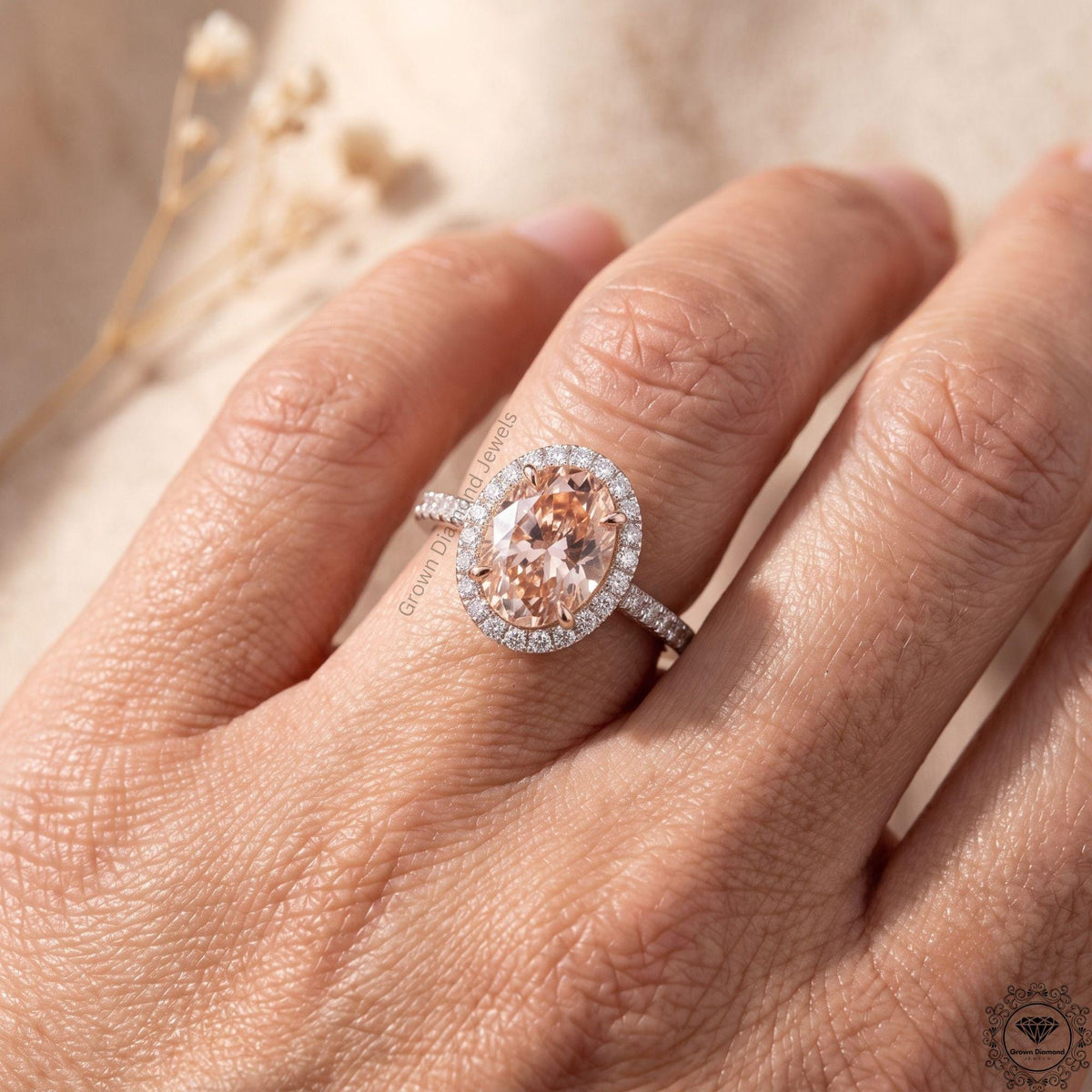 Oval Fancy Pink Lab Grown Diamond Halo Engagement Ring 18k