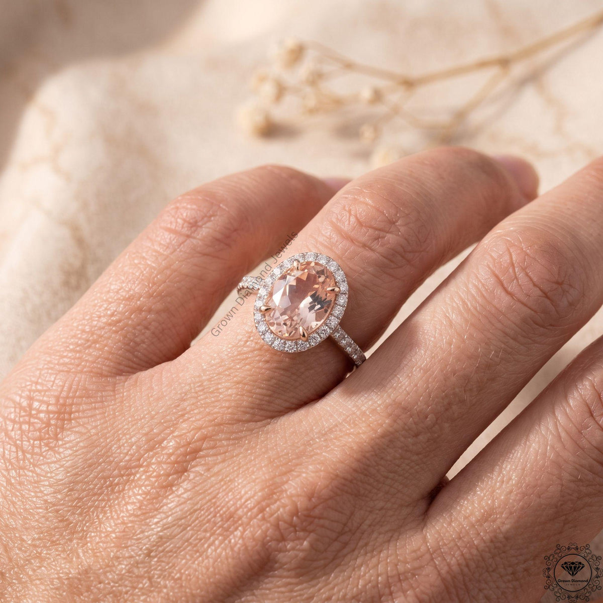Oval Fancy Pink Lab Grown Diamond Halo Engagement Ring 18k