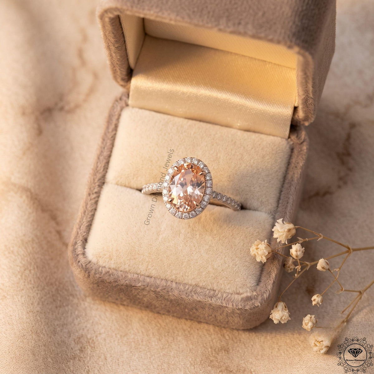 Oval Fancy Pink Lab Grown Diamond Halo Engagement Ring 18k