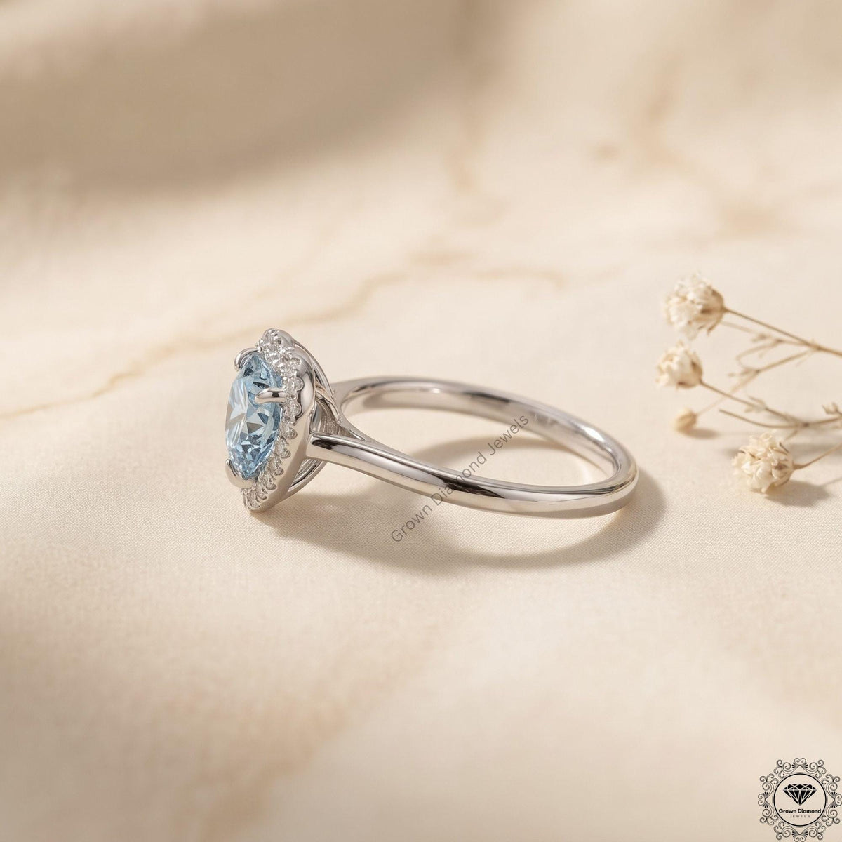 Blue Heart Lab Grown Diamond Engagement Ring 14K Gold Halo