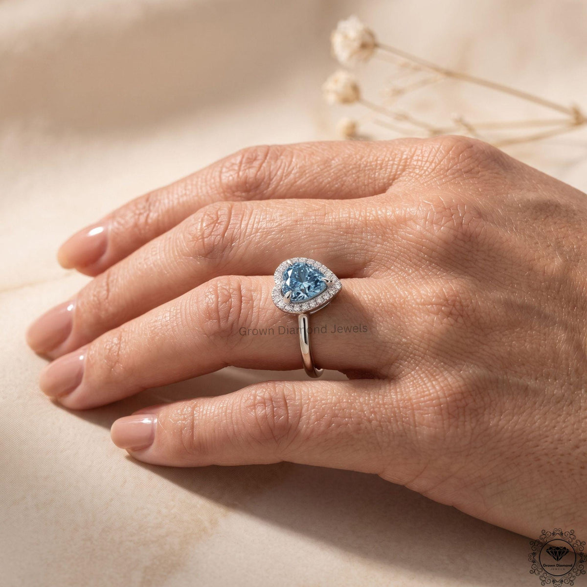 Blue Heart Lab Grown Diamond Engagement Ring 14K Gold Halo