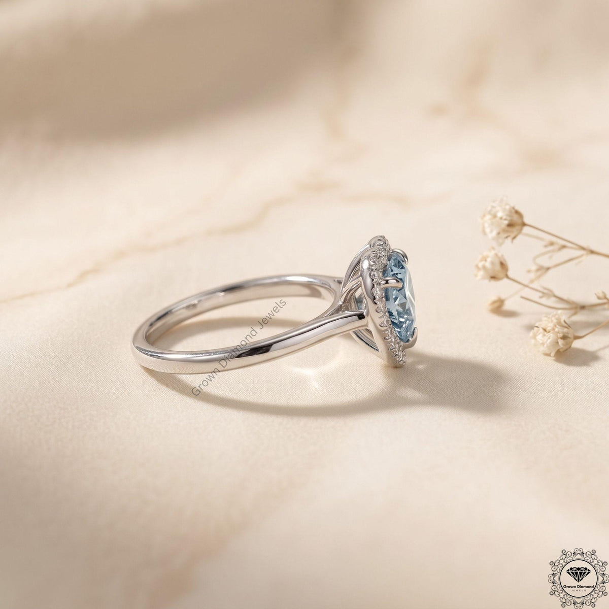 Blue Heart Lab Grown Diamond Engagement Ring 14K Gold Halo
