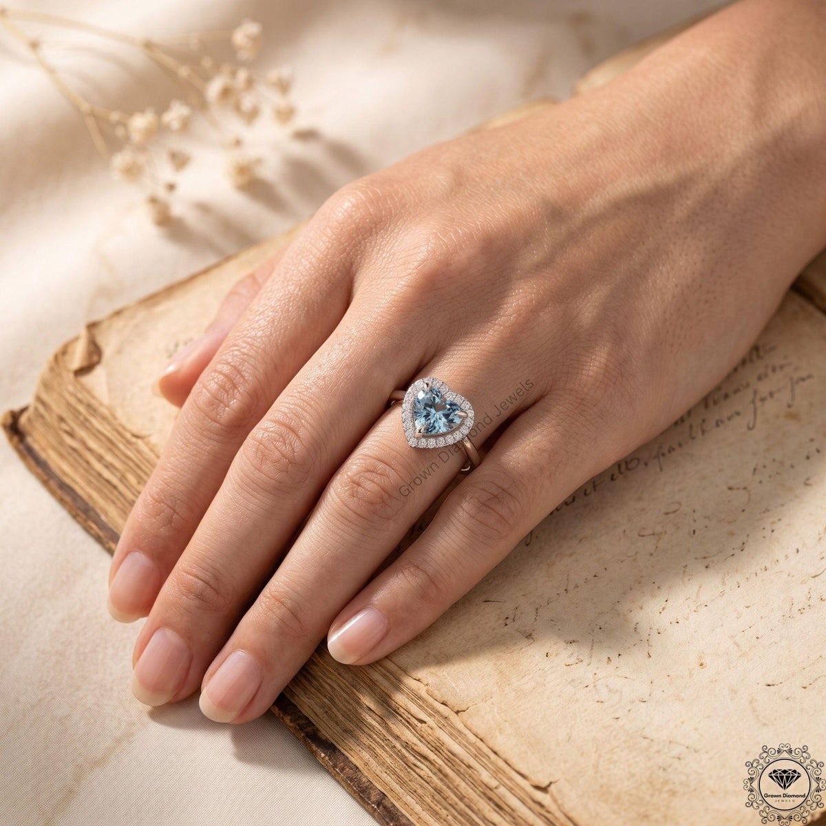 Blue Heart Lab Grown Diamond Engagement Ring 14K Gold Halo