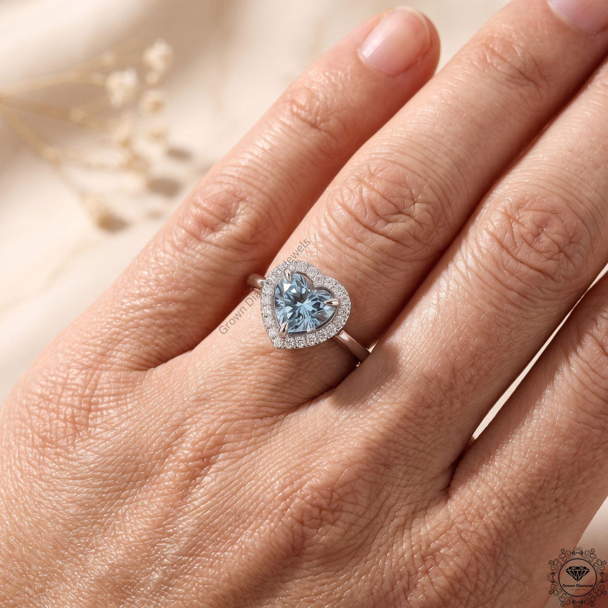Blue Heart Lab Grown Diamond Engagement Ring 14K Gold Halo