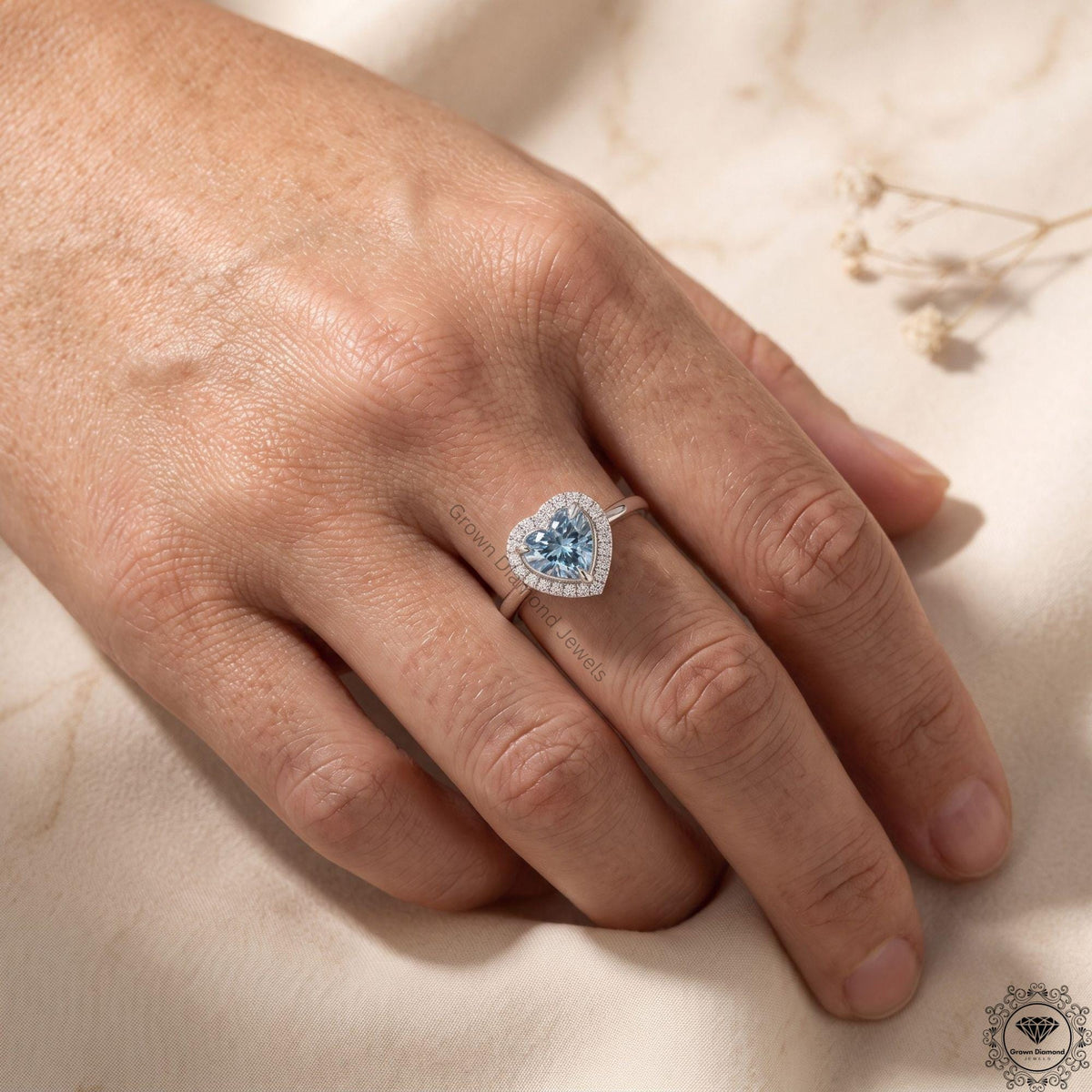 Blue Heart Lab Grown Diamond Engagement Ring 14K Gold Halo