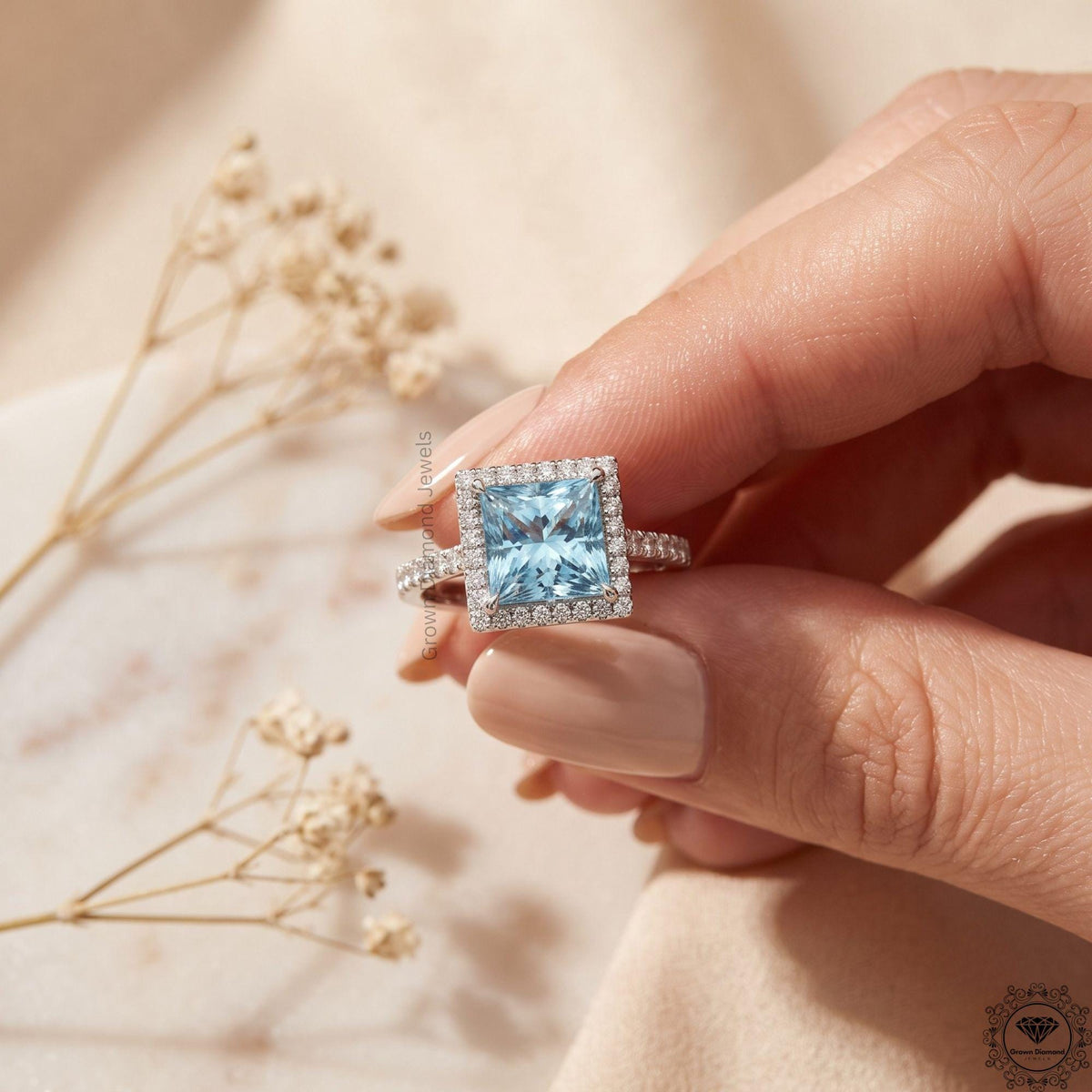 Blue Lab Grown Diamond Princess Cut Halo Engagement Ring