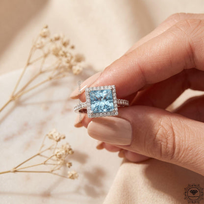 Blue Lab Grown Diamond Princess Cut Halo Engagement Ring