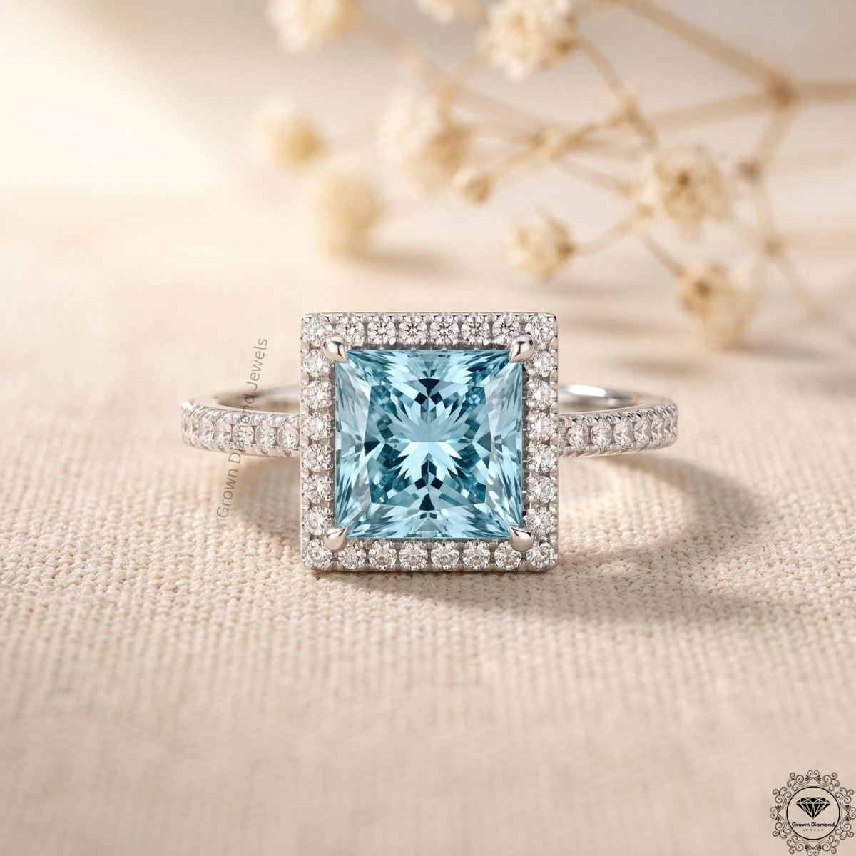 Blue Lab Grown Diamond Princess Cut Halo Engagement Ring