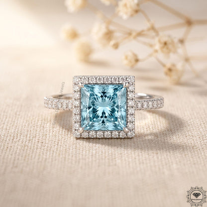 Blue Lab Grown Diamond Princess Cut Halo Engagement Ring