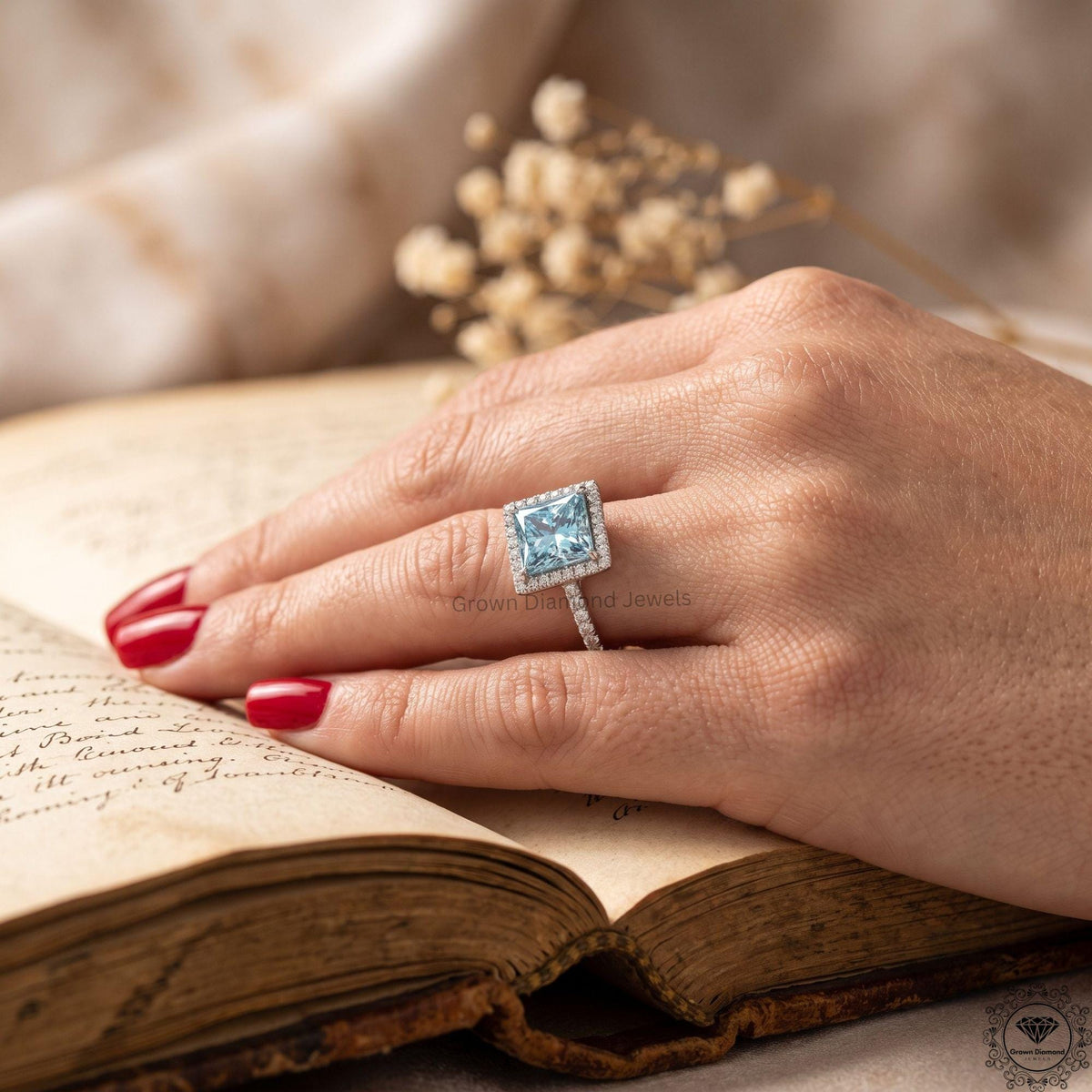 Blue Lab Grown Diamond Princess Cut Halo Engagement Ring