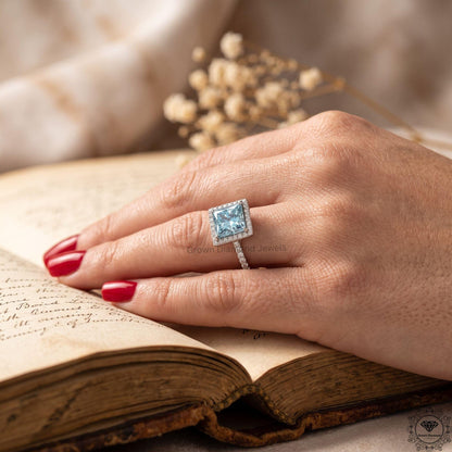 Blue Lab Grown Diamond Princess Cut Halo Engagement Ring