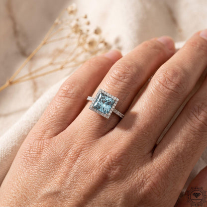 Blue Lab Grown Diamond Princess Cut Halo Engagement Ring