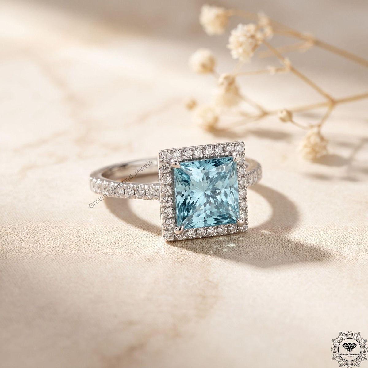Blue Lab Grown Diamond Princess Cut Halo Engagement Ring