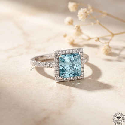 Blue Lab Grown Diamond Princess Cut Halo Engagement Ring