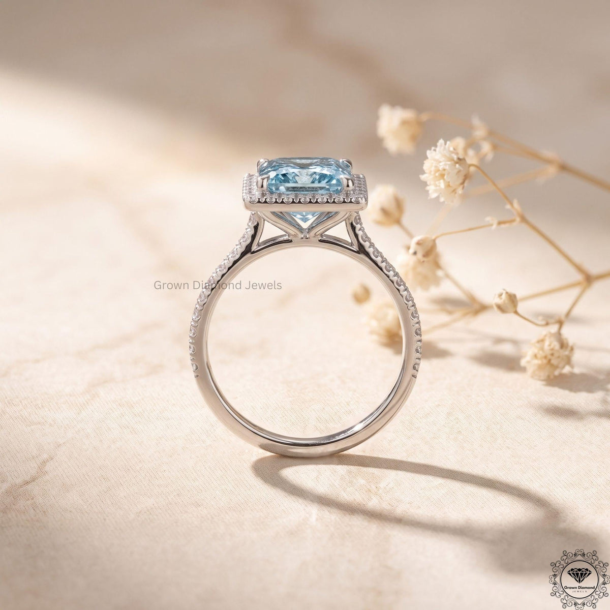 Blue Lab Grown Diamond Princess Cut Halo Engagement Ring