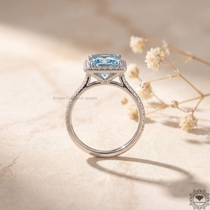 Blue Lab Grown Diamond Princess Cut Halo Engagement Ring