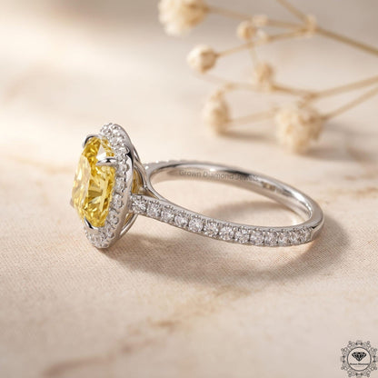 Cushion Fancy Yellow Lab Grown Diamond Two Tone Halo Ring