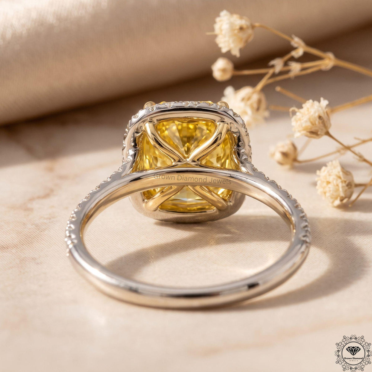 Cushion Fancy Yellow Lab Grown Diamond Two Tone Halo Ring